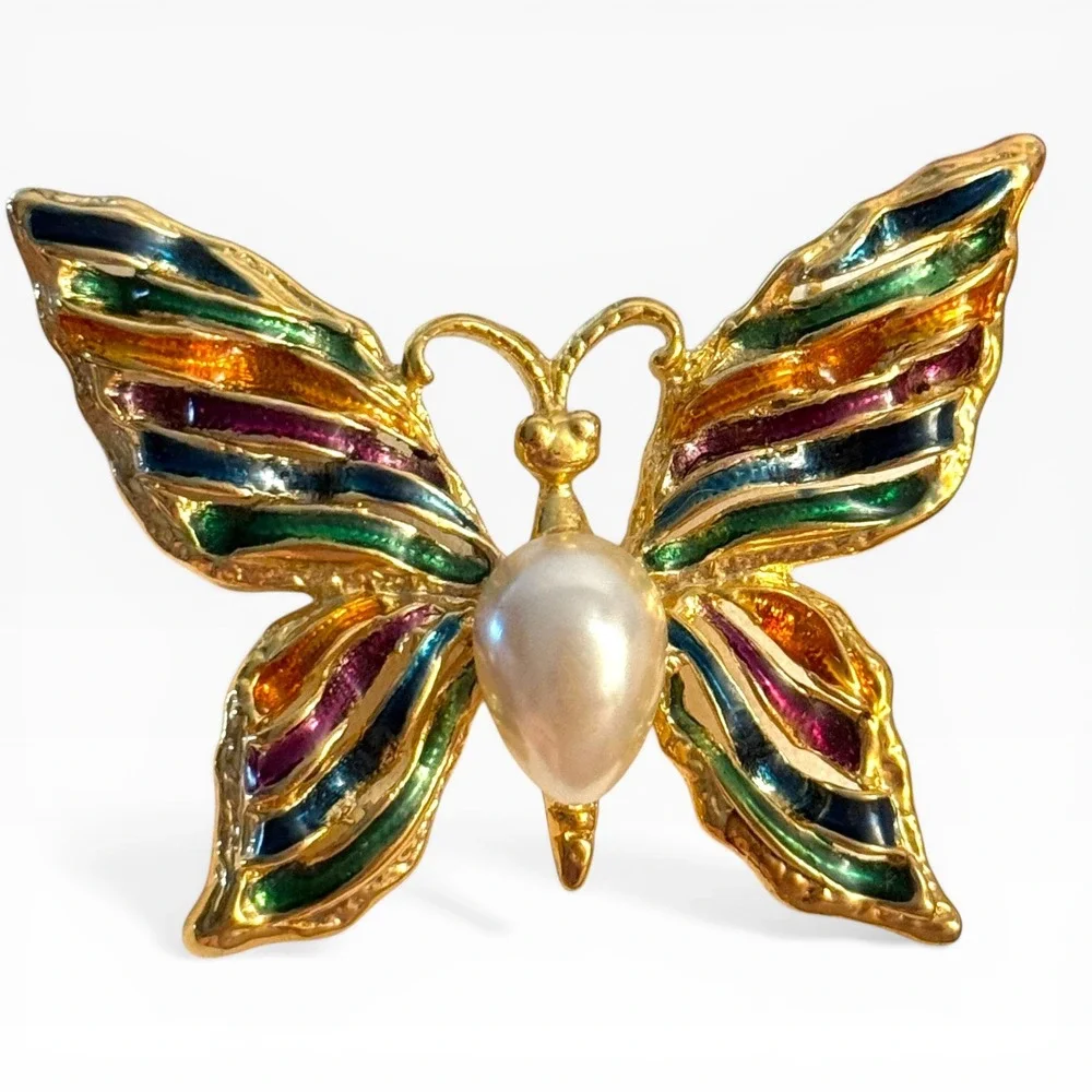 Vintage Gold Tone Multi‎ Color Enamel Butterfly Brooch Faux Pearl Accent Pin